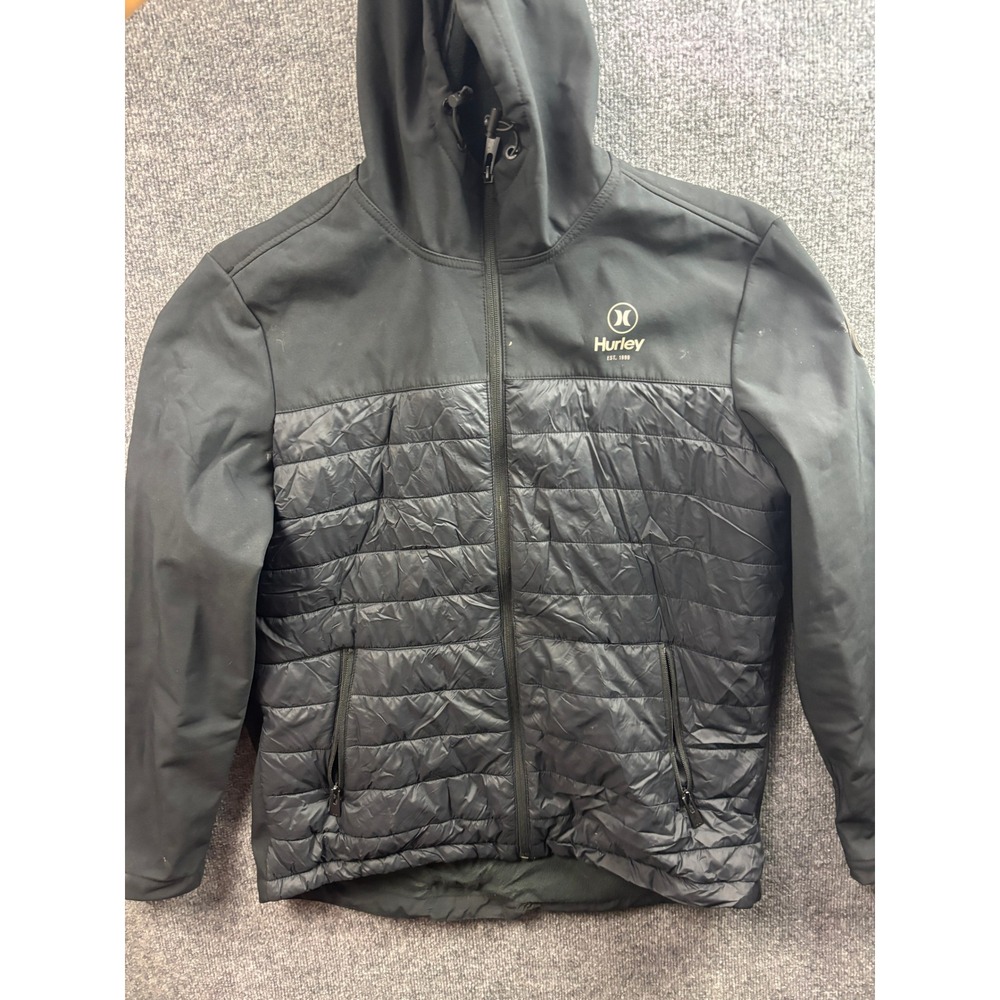 Hurley Hybrid Jacket Mens Size L Black Quilted Softshell Hooded Puffer 1524096